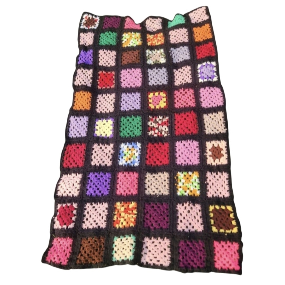 Vintage Granny Square Afghan Crochet Blanket – Handmade Multicolor Sofa Throw